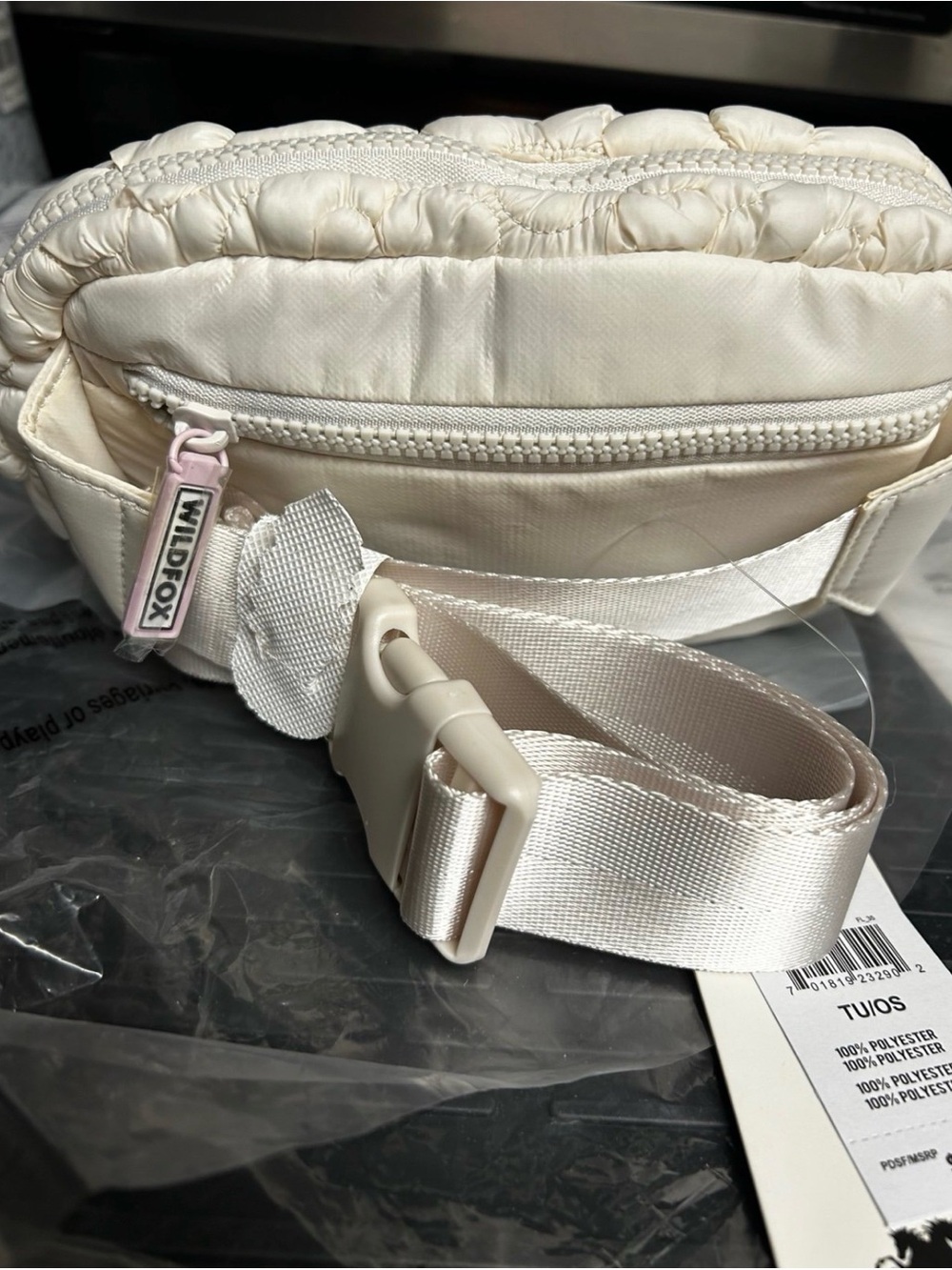 Wildfox Cream Quilted Fanny Pack Bag with Pink Logo Pull